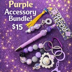 Purple Accessory Set Beaded Keychain and Pen with Handmade bookmark & straw char